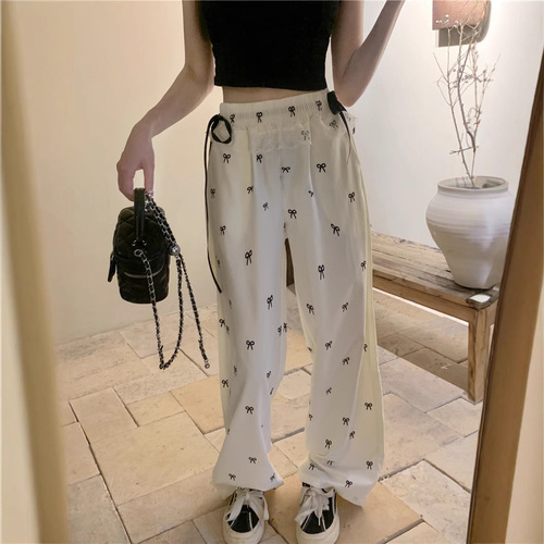 Sweet hot girl bow lace spliced ​​casual pants for women in autumn design loose elastic waist wide-leg pants straight pants