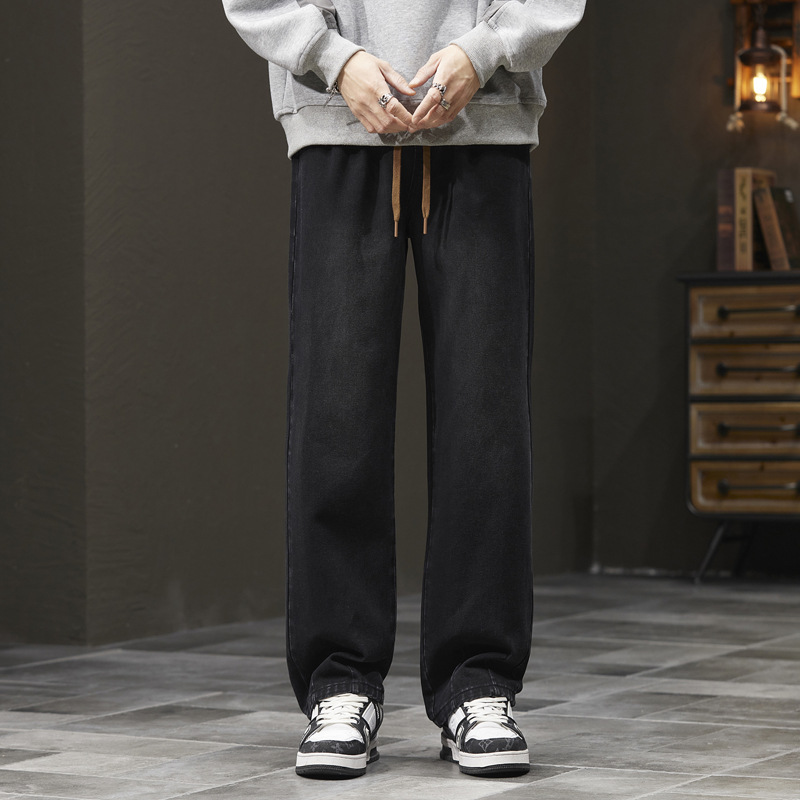 Otoño e invierno nuevos pantalones vaqueros retro de los hombres de la cintura elástica de encaje Pantalones rectos sueltos de los hombres de la calle versátil pantalones de pierna ancha
