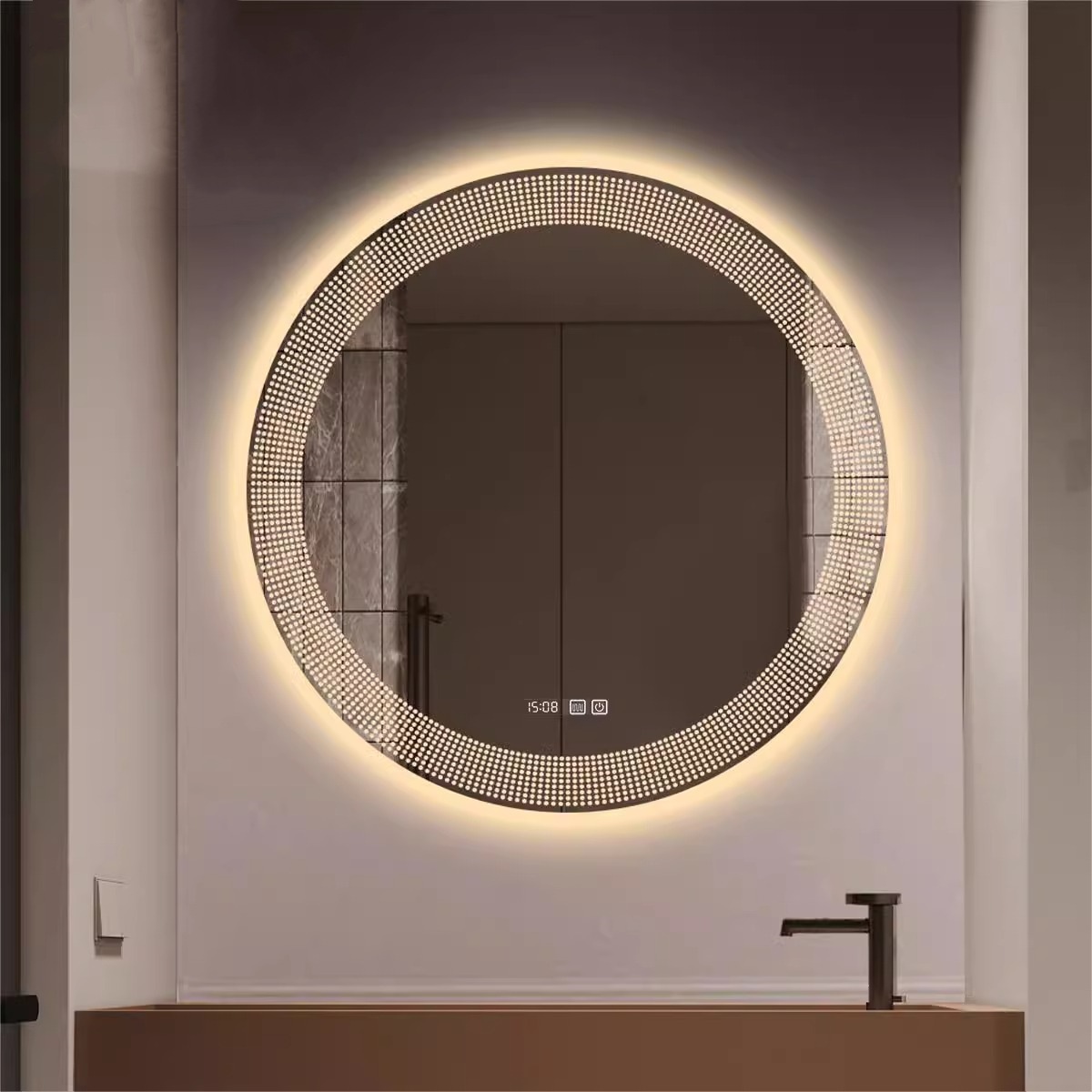 Barbería comercial, salón de belleza, espejo inteligente, espejo de baño doméstico, espejo de inodoro, espejo de baño redondo colgado en la pared