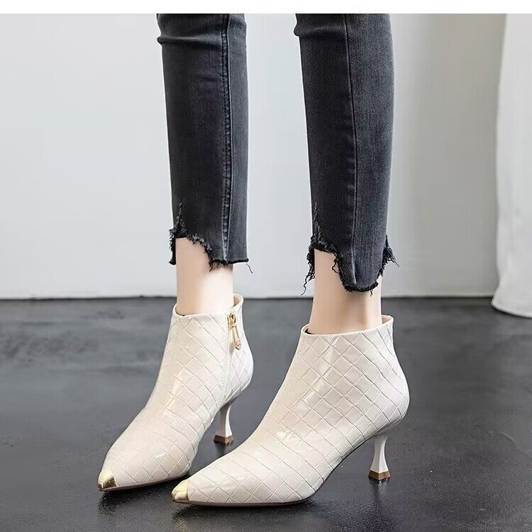 Metal Square Toe Elegant High-Heeled Short Boots 2025 Autumn and Winter New Bamboo Pattern Cowhide Stiletto Iron Toe French Women's Boots