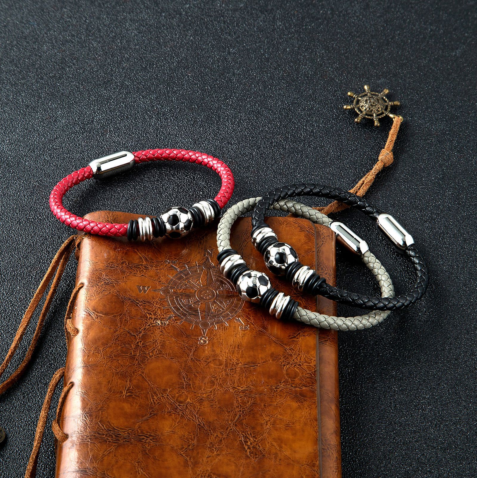 European and American Cross-Border Men's Personalized Stainless Steel Bracelets, Sports Style World Cup Football Braided Leather Rope Bracelets