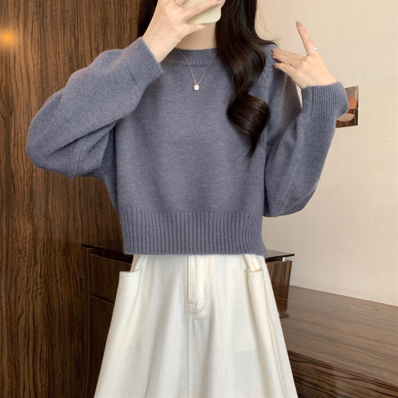 圆领软糯毛衣女秋冬2025新款慵懒宽松显瘦套头长袖短款针织衫上衣|undefined