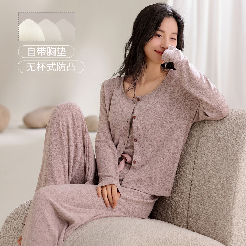 [Super Soft Cashmere] Pajamas for Women in Spring & Fall, Covering Breasts and Preventing Bumps, Home Clothes for Women, High-End, Can Be Worn Outside, Three-Piece Set