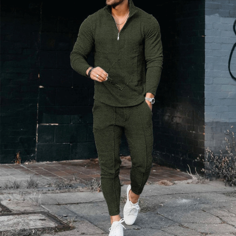 El comercio exterior de los hombres de otoño textura traje de manga larga polo desgaste pantalones deportivos moda casual media cremallera soporte collar traje