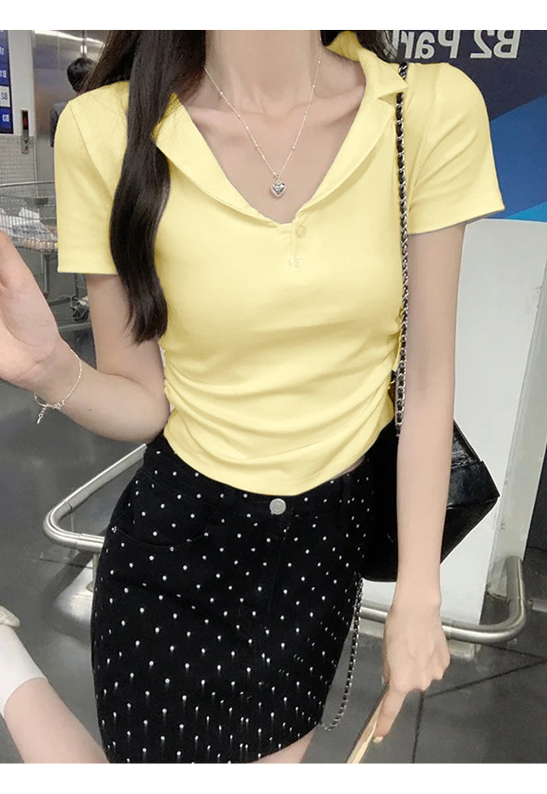 Cream Polo Collar Short Sleeve T-Shirt for Women