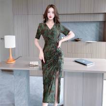 2074东南亚跨境外贸性感女装冰丝烧花V领短袖抽绳显瘦开叉连衣裙