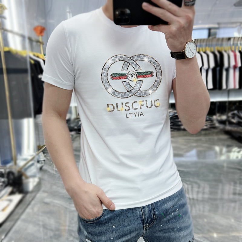 Short-Sleeved T-Shirt for Men, Summer Round Neck, European Style, Rhinestone Floral Letter Design, New Slim-Fit Trendy Men's Half-Sleeve T-Shirt Short-Sleeved T-Shirt for Men, Summer Round Neck, European Style, Rhinestone Floral Letter Design, New Slim-Fit Trendy Men's Half-Sleeve T-Shirt