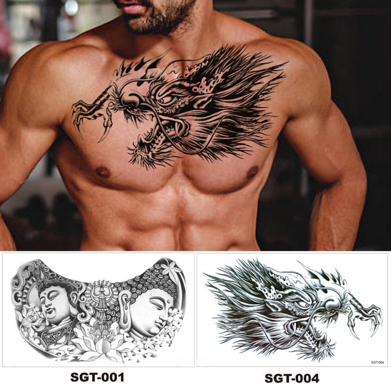 Over-The-Shoulder Dragon Three-Faced Buddha Flower Chest Tattoo Sticker Half-Arm English Letter Tattoo Sticker Manufacturer Wholesale Semi-Permanent Chest Tattoo