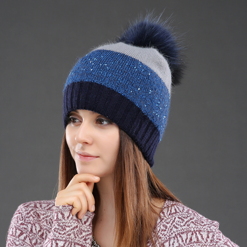 Women's winter warm knitted rabbit real raccoon fur ball fashionable and versatile sequin pullover hat style_voghion.com