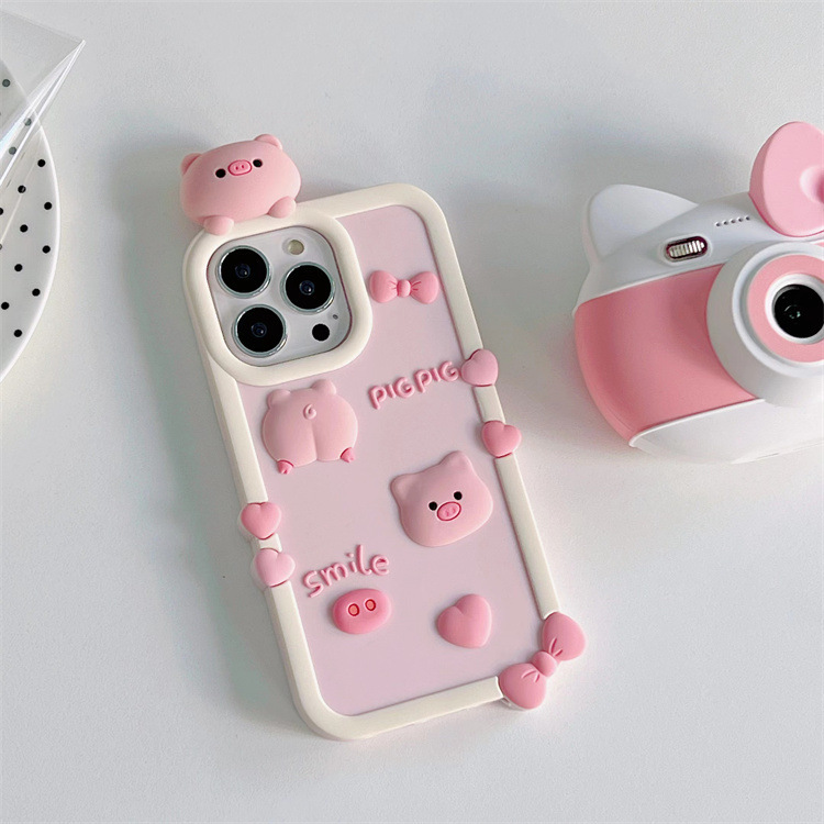 Pink Piggy Phone Case for iPhone 11, 13, 15, 16, 17, Pro Max, Silicone, Anti-Drop, Suitable for Girls