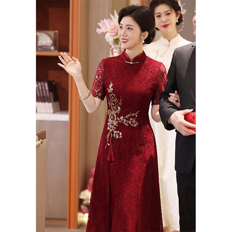 喜婆婆婚宴装女夏2025新款婚礼妈妈礼服旗袍裙收腰显瘦开叉蕾丝裙|undefined
