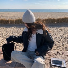 趋梦DT CLASSIC哑光拼接翻毛领皮衣女款短外套女冬季夹克机车服女