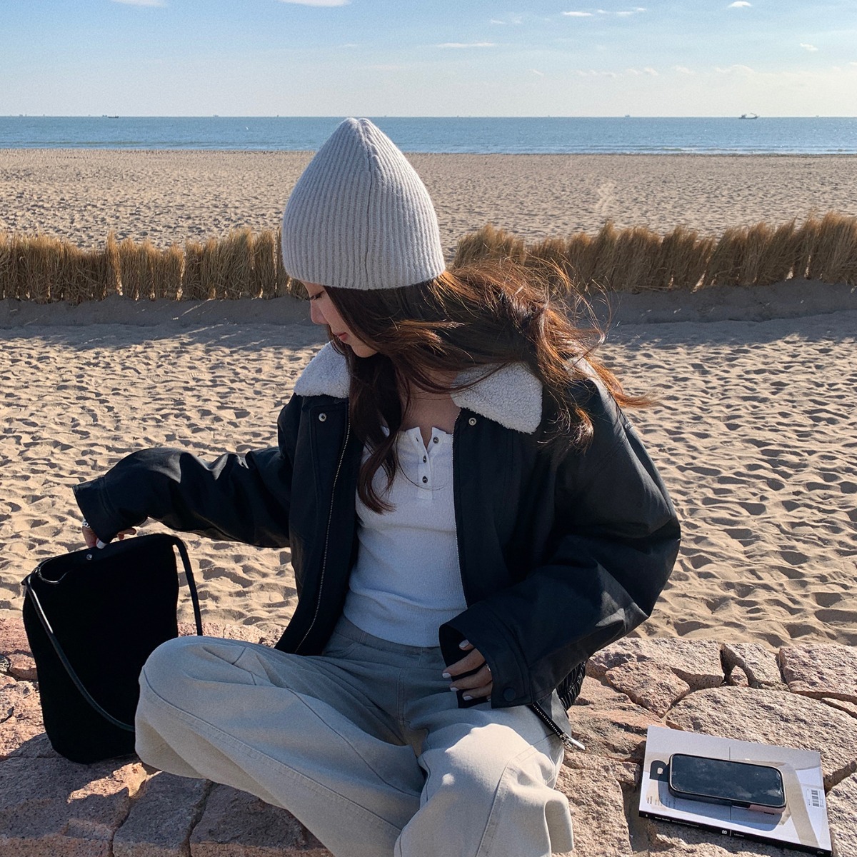 趋梦DT CLASSIC哑光拼接翻毛领皮衣女款短外套女冬季夹克机车服女