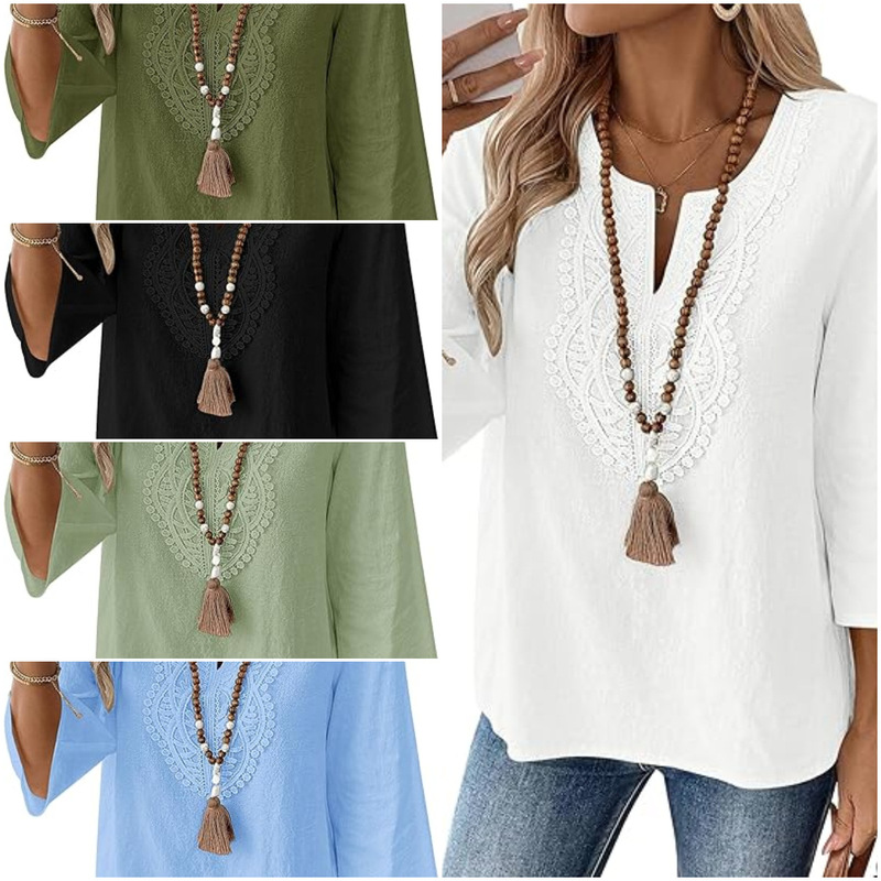 2026 Spring/Summer European and American New Style V-Neck Lace Patchwork Loose Women's Solid Color Three-Quarter Sleeve T-Shirt Top Cross-Border Solid Color