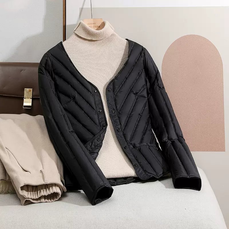 Transfronterizo Tik Tok90 camisa de plumón para mujeres corto ligero invierno invierno cuello redondo cuello en V chaqueta casual