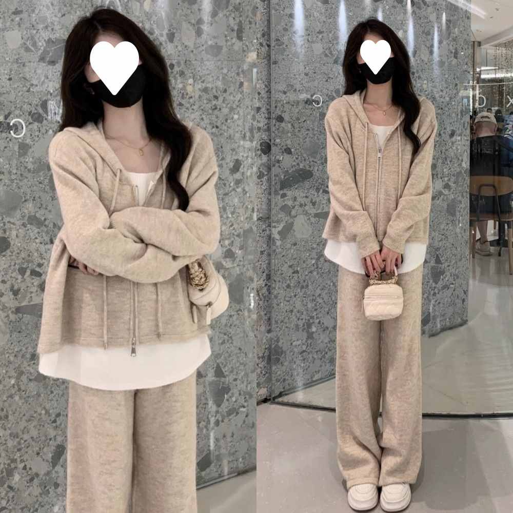 年秋秋季套装女新款休闲时尚假两件开衫卫衣宽松阔腿裤两件套氨纶