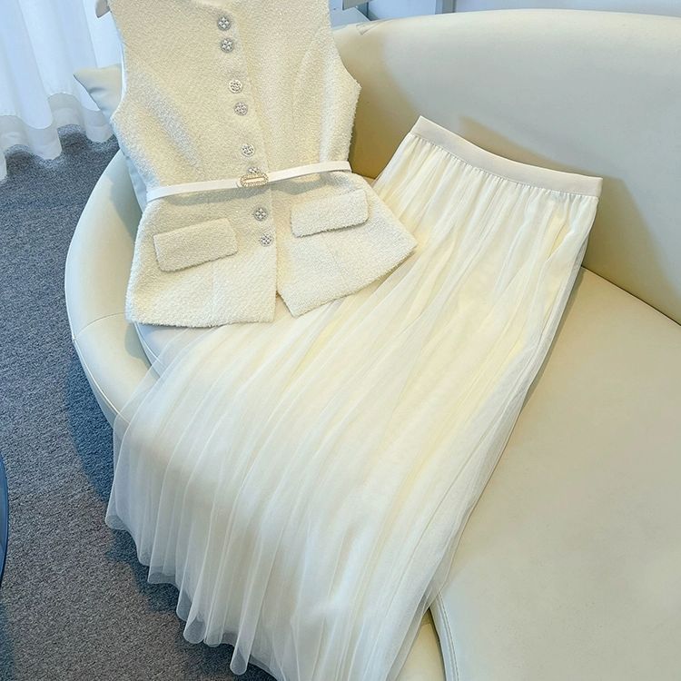 Chanel-Style Vest Dress Set - French Elegance Summer Two-Piece Outfit With Skirt (S-XL, Ivory)_voghion.com