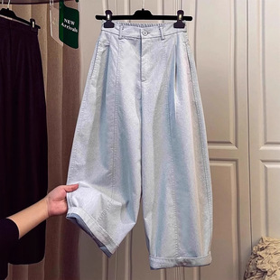 Old Money Style Thin Summer Cropped Scimitar Jeans for Women with Elastic Waist, Casual Sycamore Pants, Straight Balloon Pants