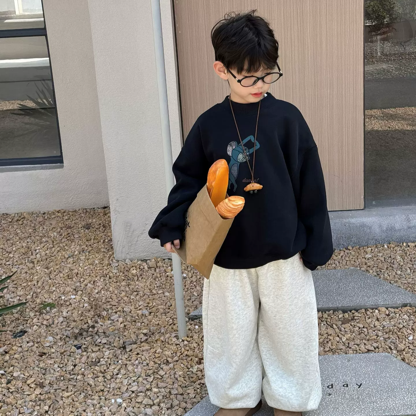 泰如2025冬季新款韩版儿童纯色卡通加绒加厚保暖卫衣男童上衣潮