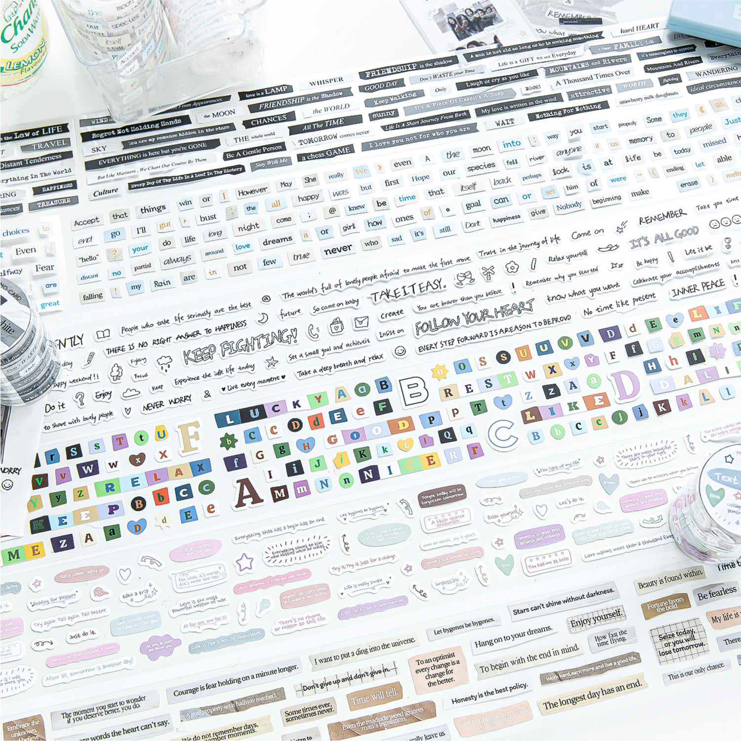 Mo Mo papel estucado simple troquelado y drenaje de residuos cinta collage poema en inglés letra en inglés libro de mano decoración material pegatina