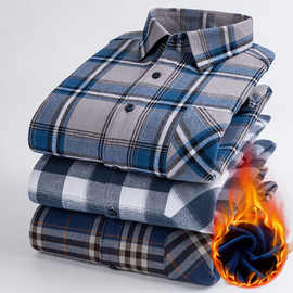 纯棉格子加绒加厚冬季男士长袖保暖衬衫中年商务休闲格子爸爸衬衣