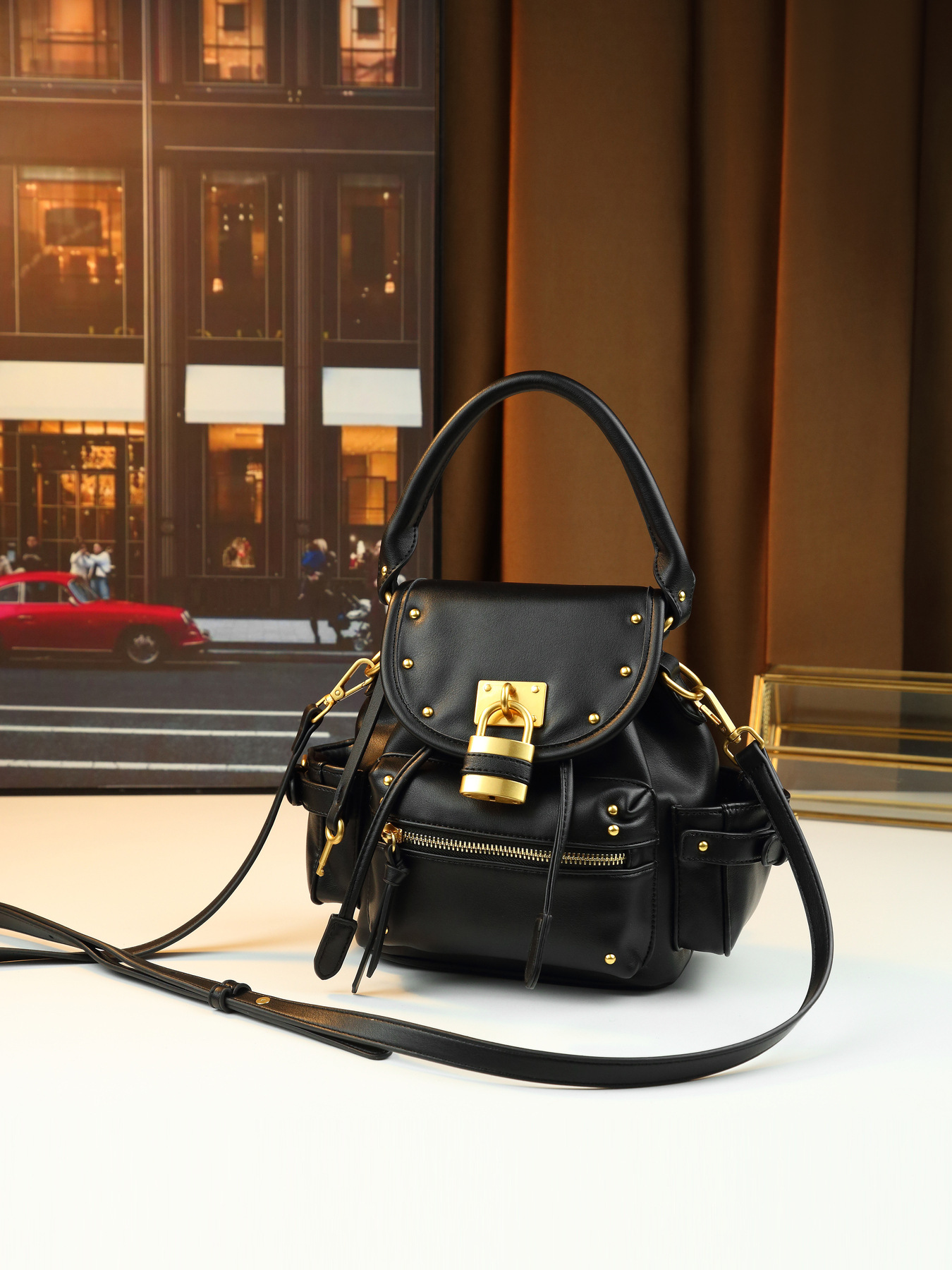 Borsa a mano retrò con lucchetto borchiato, media, multifunzionale, da donna, a tracolla, zaino da pendolare, in pelle PU con cerniera_voghion.com