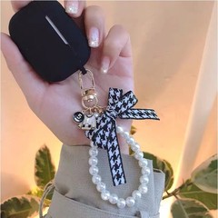 千鳥格蝴蝶結珍珠手鍊小香風耳機包包鑰匙扣掛件女款手提鏈手腕帶