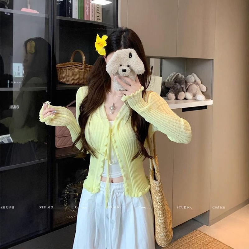 Korean Sweet Style Ear-Trimmed Spliced ​​Knitted Cardigan for Women Summer New Style Small Long-Sleeved Ice Silk Short Top