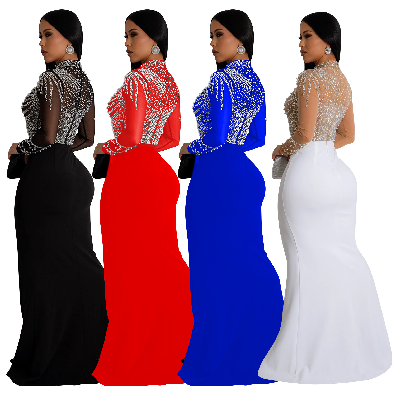 C6825 transfronteriza AliExpress Amazon de moda europea y americana de las mujeres de color sólido de malla de diamantes de imitación vestido dividido vestido image 6