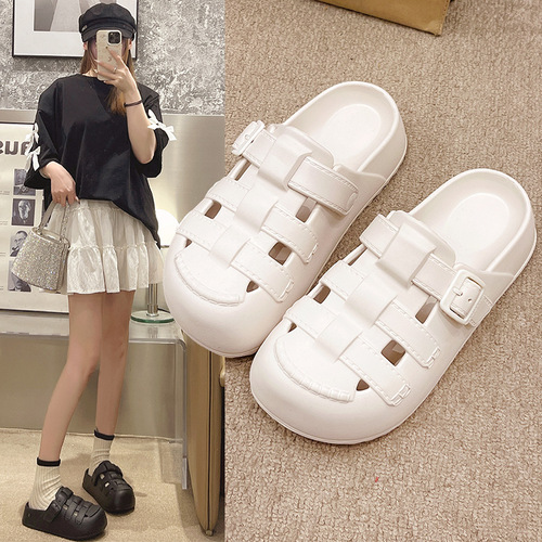 Summer New Holes Shoes Thick Sole Outer Wear Soft Sole Anti-Slip Fashion Birkenstock Flat Student Head Cover Cool Slippers