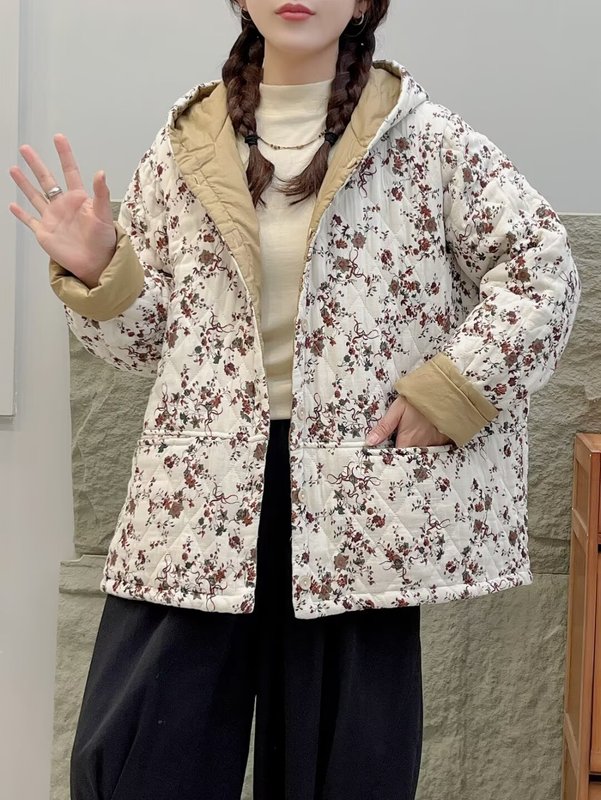 冬季新款复古碎花夹棉两面穿棉衣外套女连帽宽松百搭保暖休闲棉服|undefined