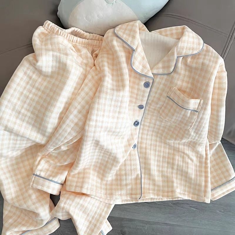 Korean Style Autumn and Winter Pajamas for Women, Long-Sleeved Pants, Air Cotton Feel, Thickeneded, High-End Plaid Casual Girls' Home Clothes