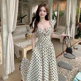 2025法式高级感波点连衣裙夏季波点新款褶皱收腰显瘦气质长裙