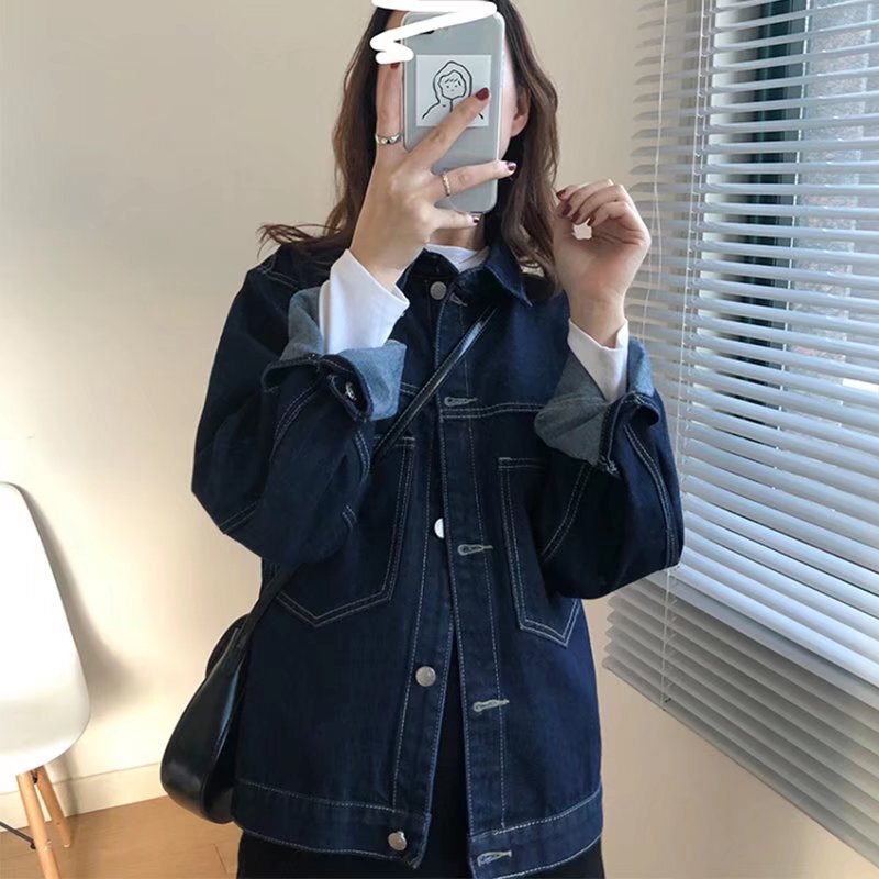 Hong Kong Style Vintage Denim Jacket Women's Spring and Autumn New Arrival Loose plus size chubby girl Dark Jacket Denim
