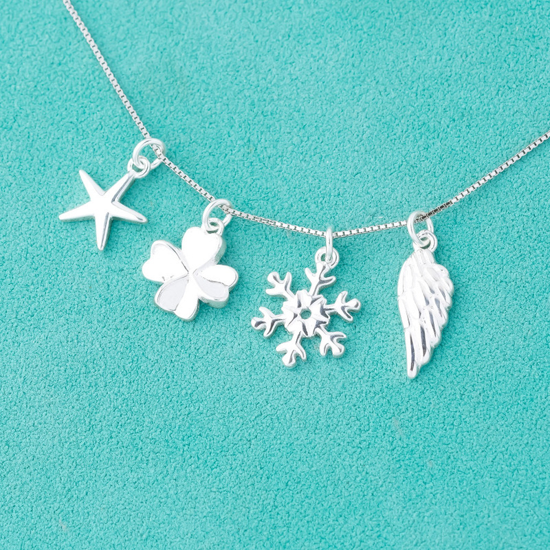 Plain Silver Five-Pointed Star Wings Star Snowflake Four-Leaf Clover Pendant S925 Sterling Silver K-Style Ins Style DIY Silver Accessories