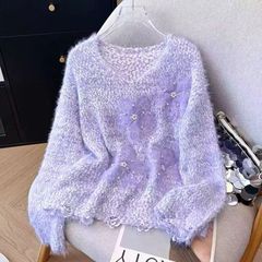 亮片花朵泡泡纱fufu毛衣秋冬爆款新款甜美温柔粉色慵懒针织衫