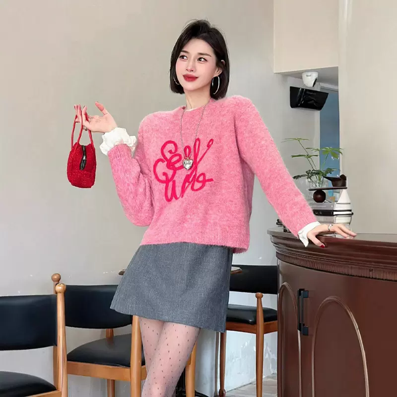 羊毛混纺粉色字母毛衣女2025新款秋冬宽松保暖慵懒针织衫上衣