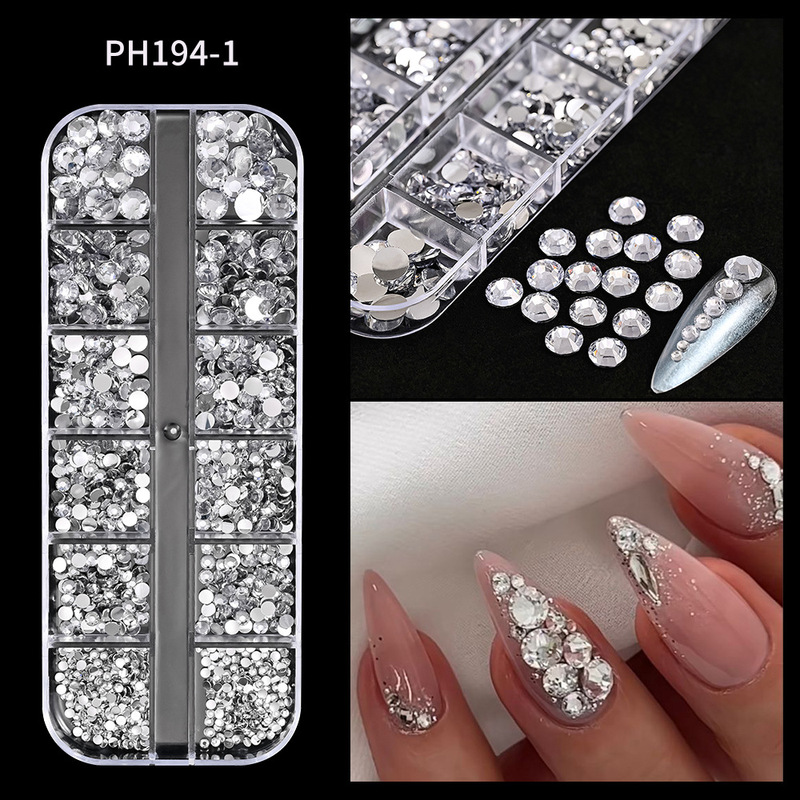 Cross-border nail art round white color flat diamond 12 grid strip fingertip diamond AB diamond resin nail jewelry