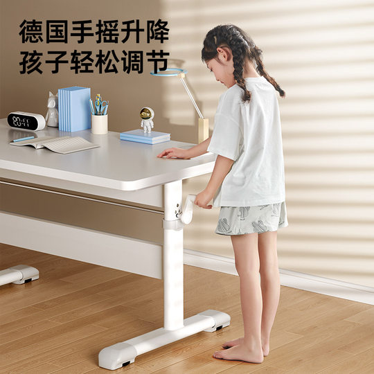 Children's Study table and chair manual adjustable desk elementary school student writing computer desk simple household white table suit