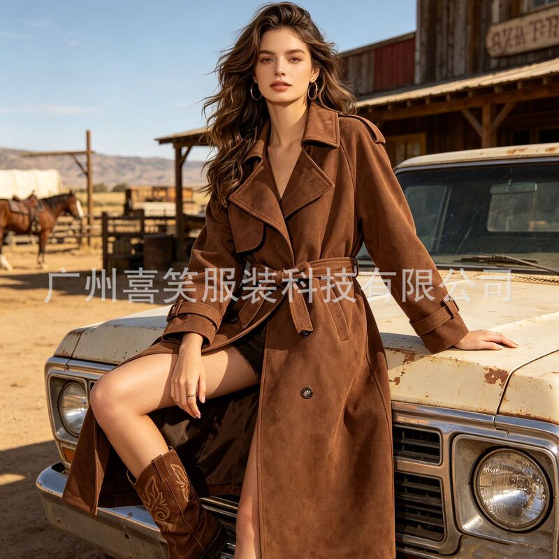 2025 New Autumn and Winter Women's Retro Suede Outwear European and American Cross-Border Fashion Elegant Double-Breasted Outwear 2025 New Autumn and Winter Women's Retro Suede Outwear European and American Cross-Border Fashion Elegant Double-Breasted Outwear