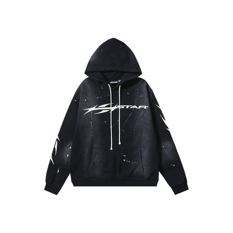 Foreign Trade Trendy Brand with All Three Tags Intact, Hellstar Hell Star Paint-Stained White Dots Black and Red Loose Long-Sleeve Hooded Sweatshirt