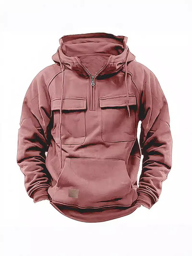 Spring and Autumn American Retro Hooded Loose Ribbed Sweatshirt for Men, Blue Multi-Pocket Pouch-Neck Outerwear