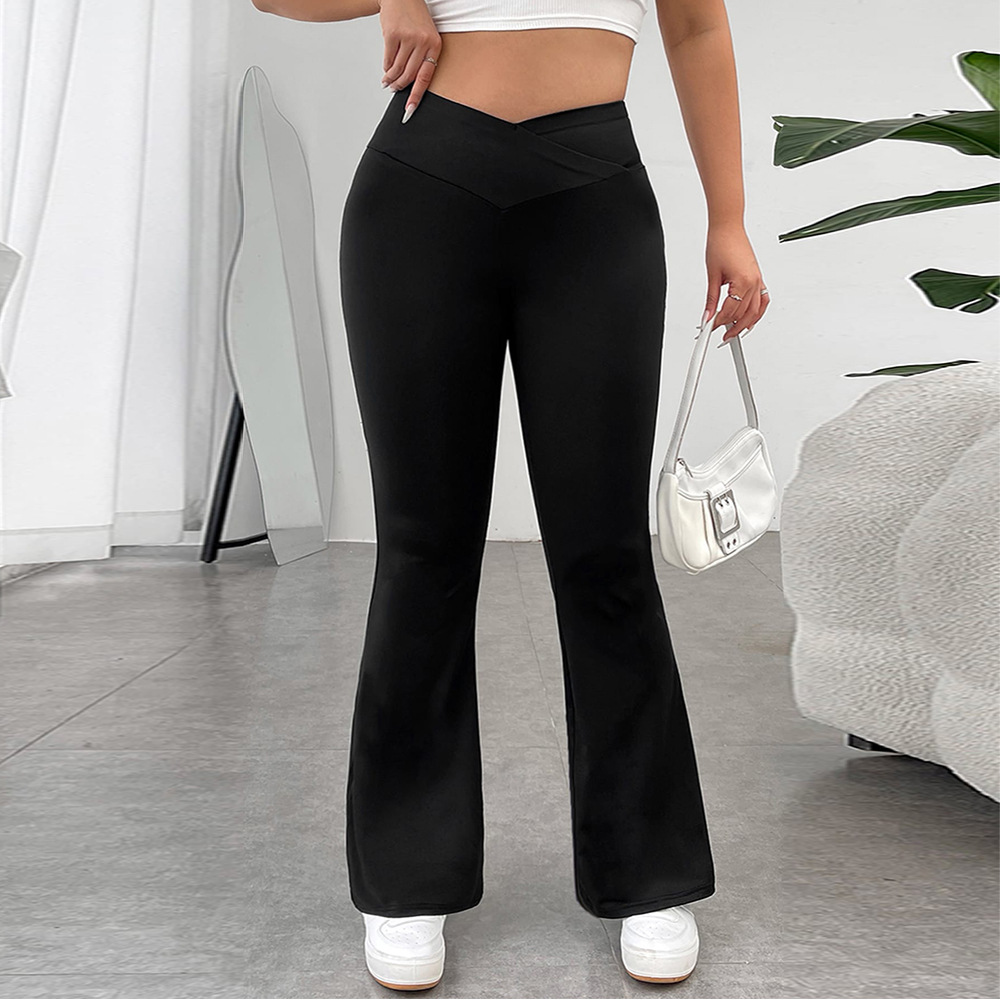 Plus-Size High-Waisted Flared Pants – V-Shape Butt-Lifting Wide Leg Lounge Pants For Women (Black, 1XL-3XL)_voghion.com