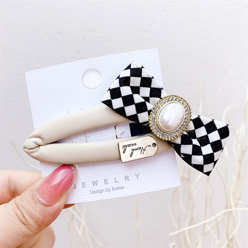 【月銷(xiāo)3000】韓國(guó)新款皮質(zhì)菱格棋盤(pán)格PU皮質(zhì)蝴蝶結(jié)BB夾