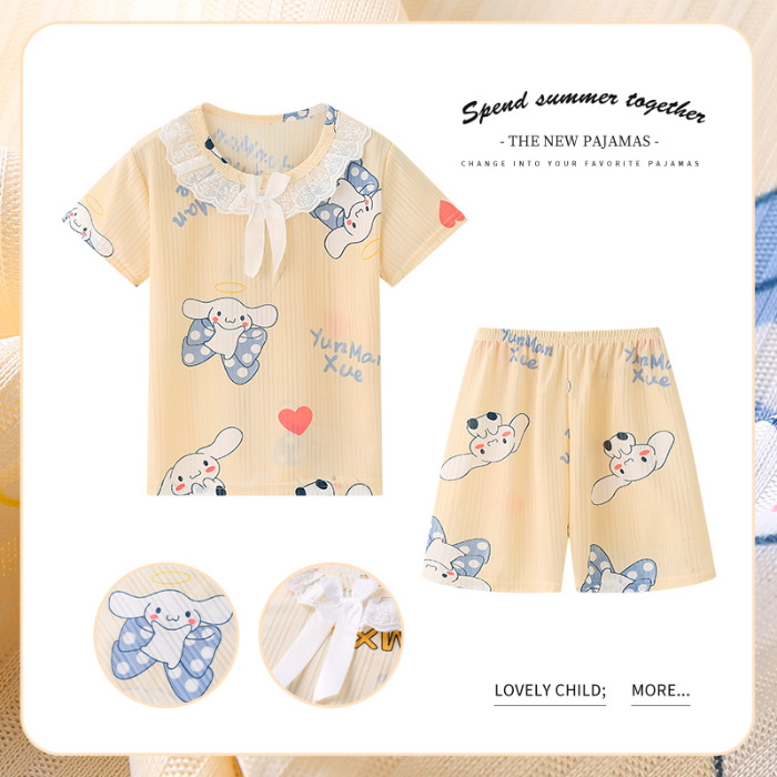 Pijamas de las niñas de verano de dibujos animados para niños de manga corta princesa estilo lindo Delgado medio y grande desgaste del hogar de los niños traje de encaje al por mayor