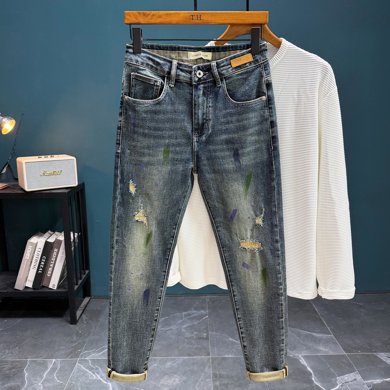 Trendy brand Weihua men's jeans, stretchy, comfortable, slim-fit, tapered, casual, ripped long pants