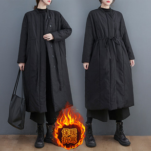 Real shot 2023 Winter New straight collar single-breasted niche cotton-padded coat long drawstring waist-tight warm thickened cotton-padded coat