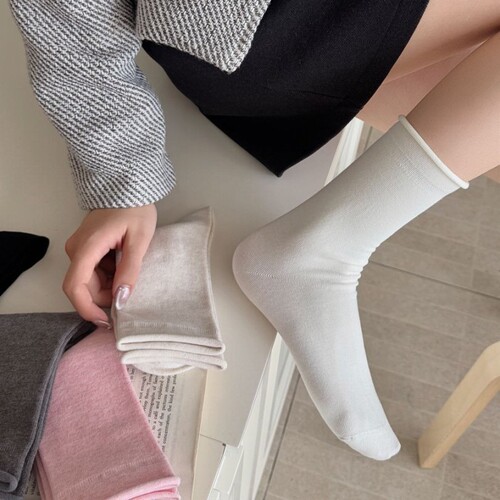 Korean pure color curling socks, women's socks, ins trendy and cute Japanese piled socks, all-match spring and summer thin mid-tube socks
