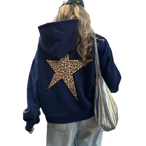 Cross-border European and American fashion new women's stylish star leopard-print loose hooded sweatshirt casual pullover hoodie