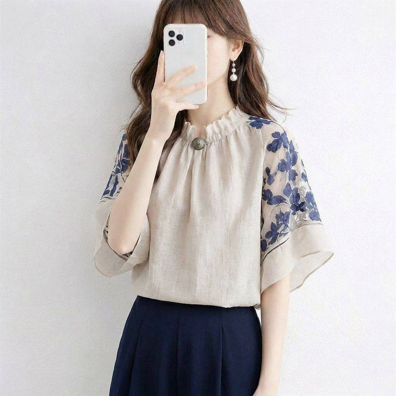 Japanese Style 2026 Summer New Semi-Transparent Patchwork Printed Short-Sleeve Lace Stand-Collar Top Japanese Style 2026 Summer New Semi-Transparent Patchwork Printed Short-Sleeve Lace Stand-Collar Top